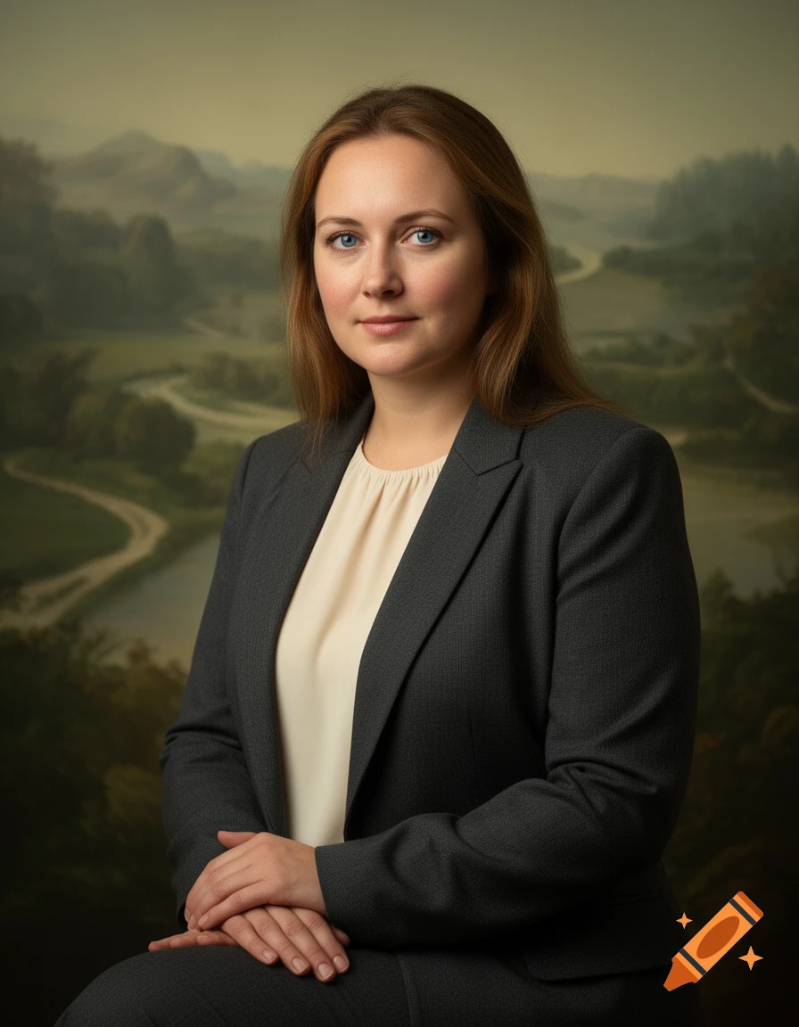 Classical style portrait of a woman with brown hair, blue eyes, and a gray business suit against a landscape background.