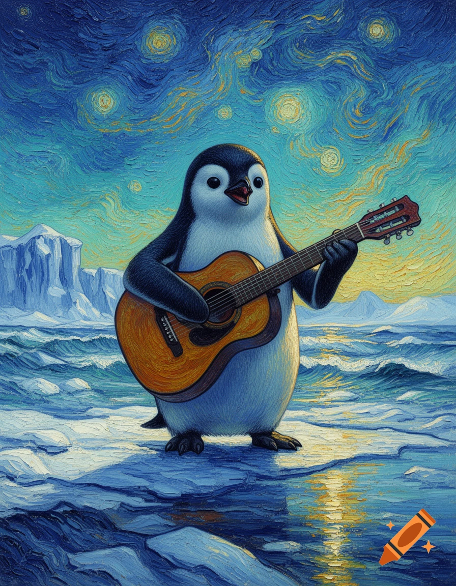 An oil painting in the style of Van Gogh featuring a penguin playing a guitar on an iceberg in front of a swirling blue ocean and starry sky.