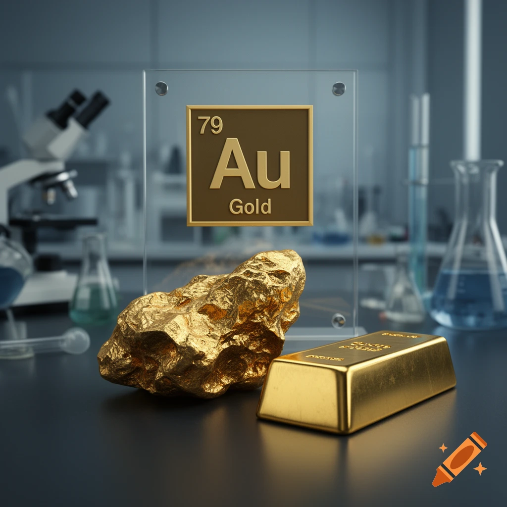 Photorealistic image of a gold element display in a laboratory, featuring a gold nugget and bar with a periodic table symbol for Au.
