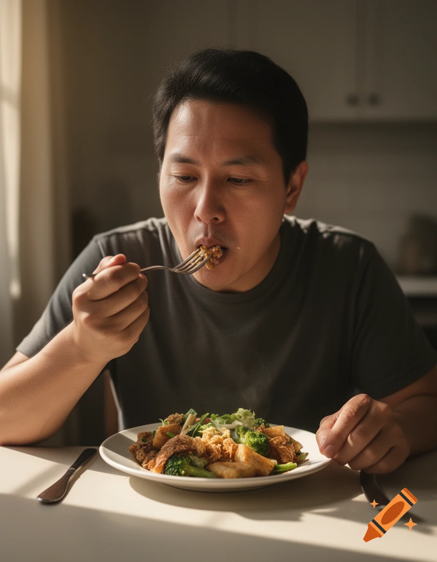 Photorealistic image of an Asian man eating a meal of vegetables and meat from a plate with a fork.