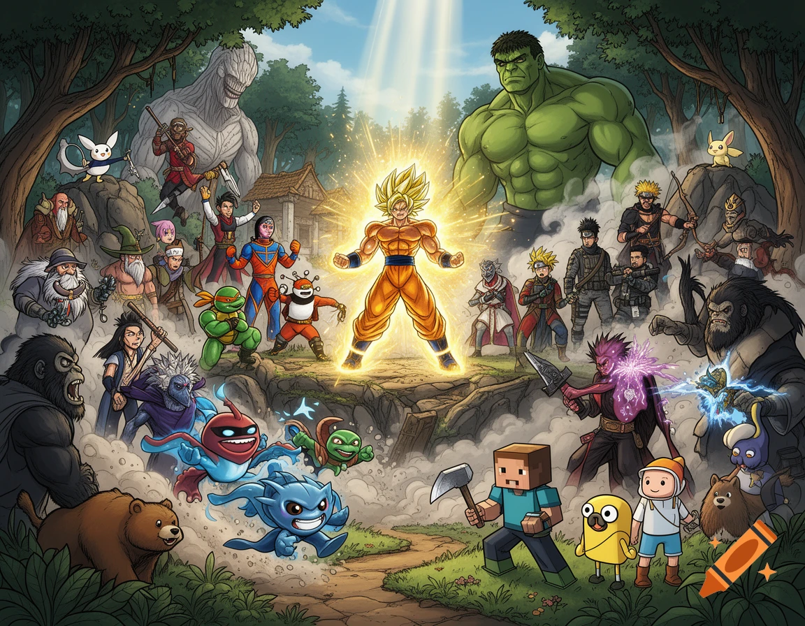 Comic style illustration featuring a large gathering of various pop culture, anime, and video game characters in a forest.