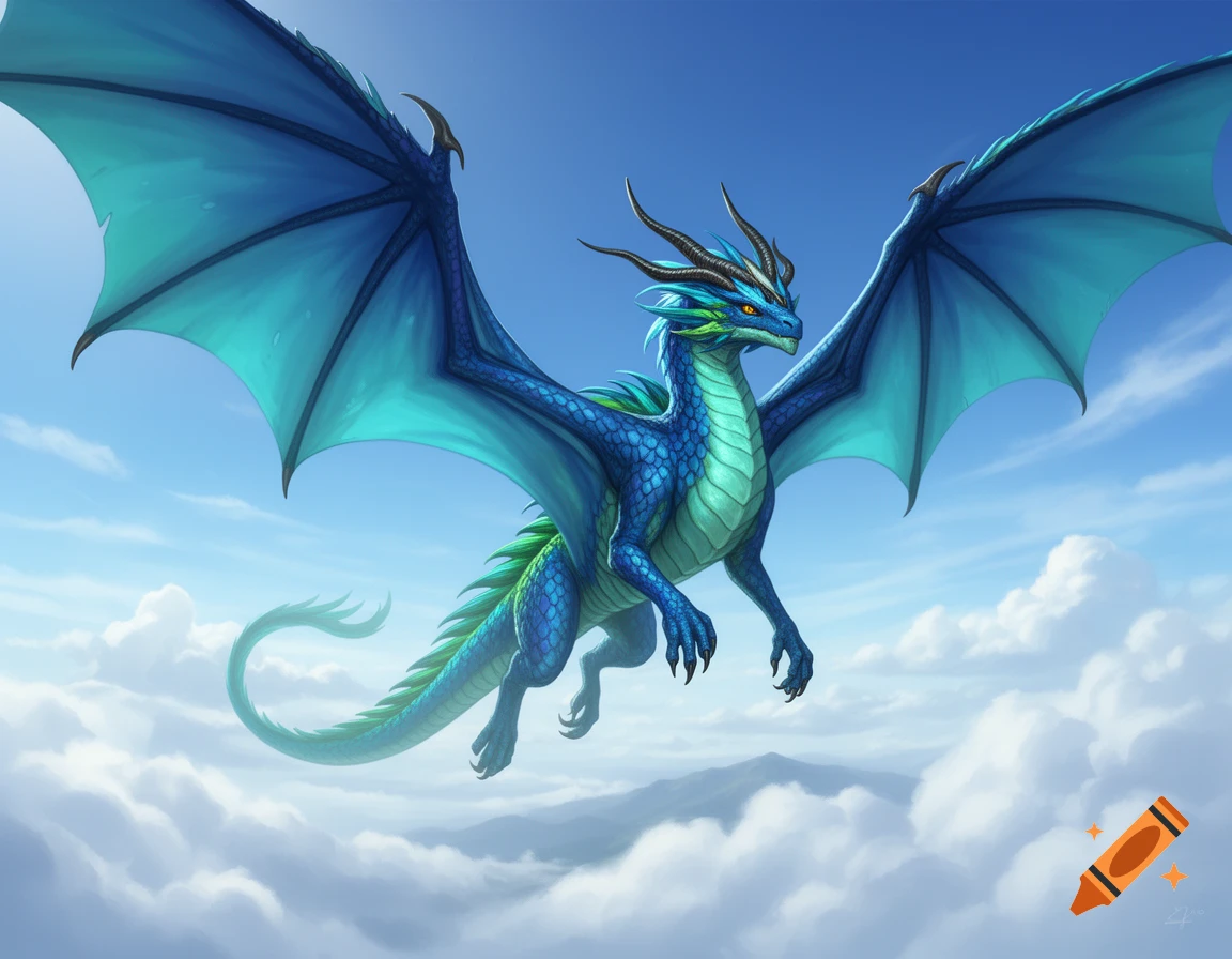 Digital painting of a blue and green dragon with outspread wings flying over clouds in a clear blue sky.