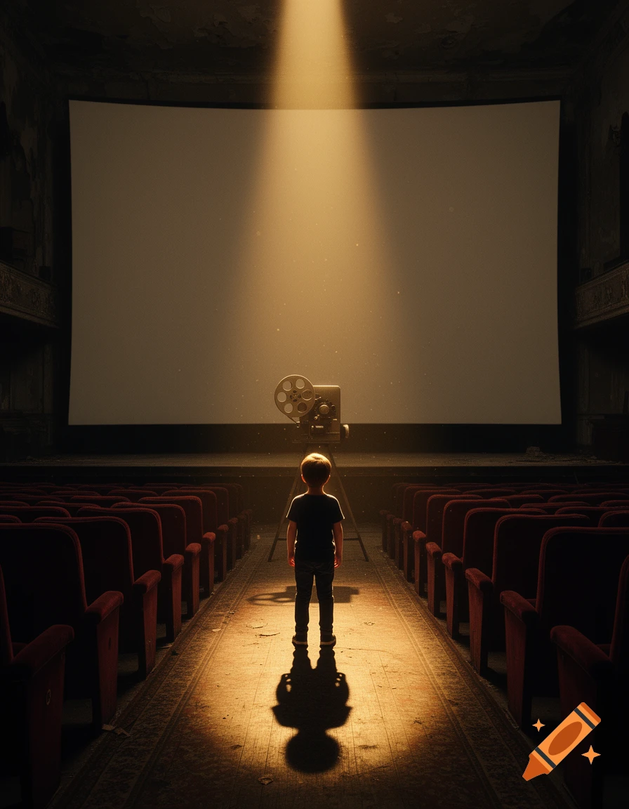 A small child in silhouette stands in a volumetric light cone from a projector inside a dimly lit old theater, looking at a blank screen.