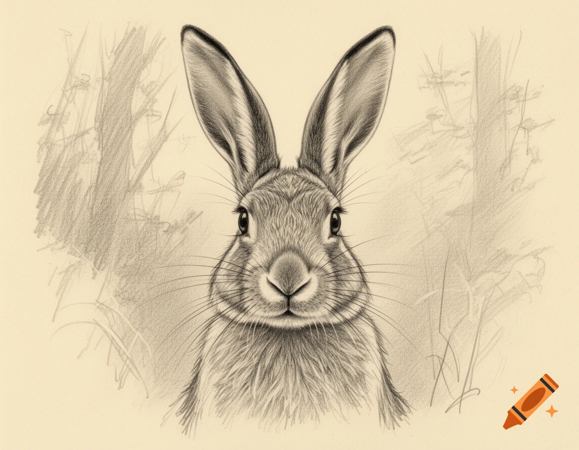 Pencil sketch of a hare looking forward against a soft, textured forest background.