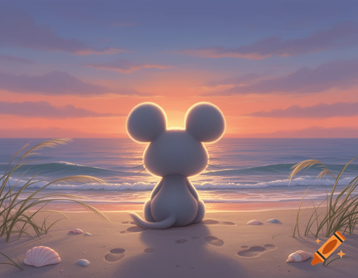 A cute cartoon mouse sitting on a sandy beach looking at the sunset over the ocean.