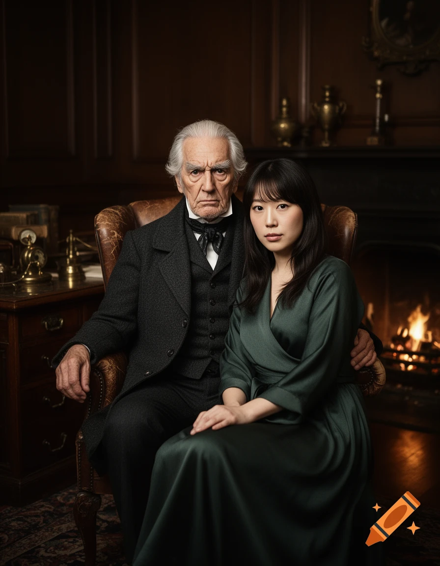 Photorealistic portrait of an elderly Victorian man in a dark suit sitting in an armchair next to a young woman in a green dress by a fireplace.