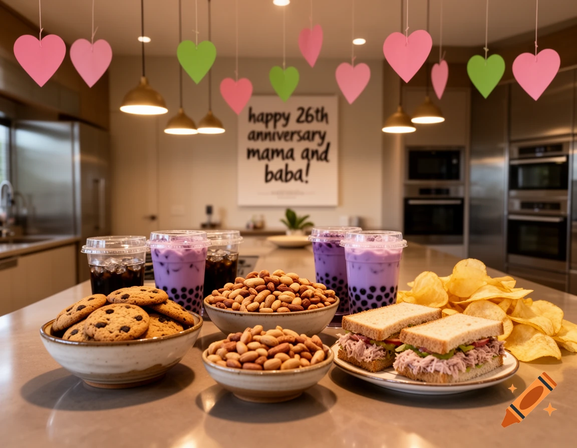 Photorealistic kitchen island with bowls of cookies and peanuts, taro boba drinks, tuna sandwiches, potato chips, and anniversary poster.