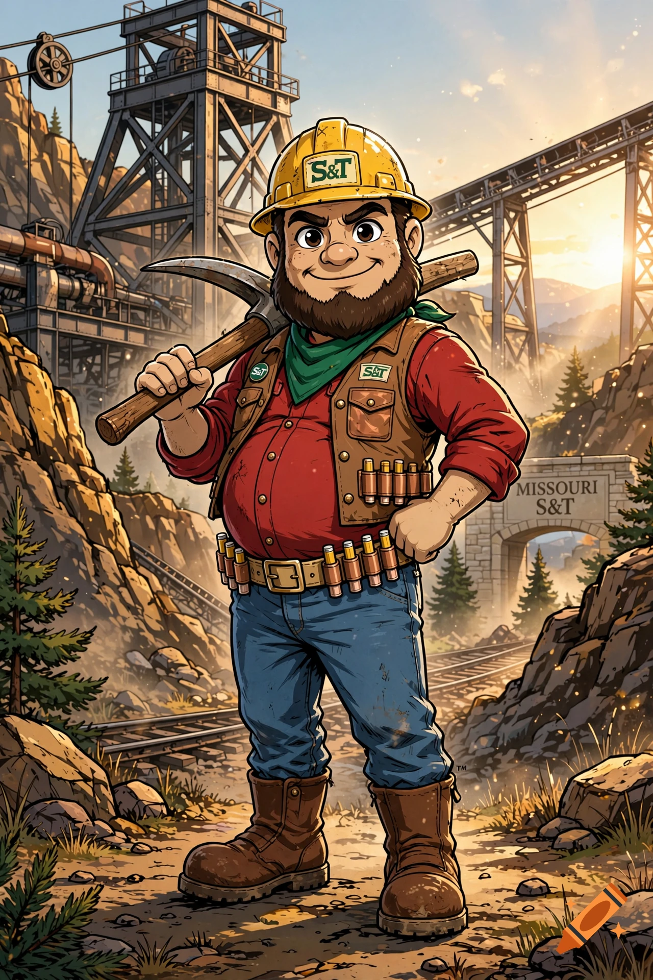Cartoon illustration of a burly miner with a hardhat, pickaxe, and a slightly protruding belly, standing in front of a mining structure.