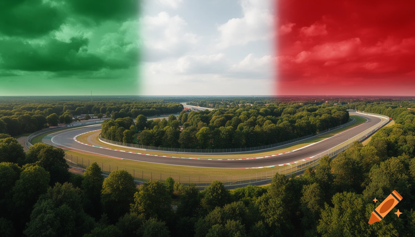 Aerial photorealistic view of the Monza Formula 1 circuit winding through a lush green forest under a sky with Italian flag clouds.
