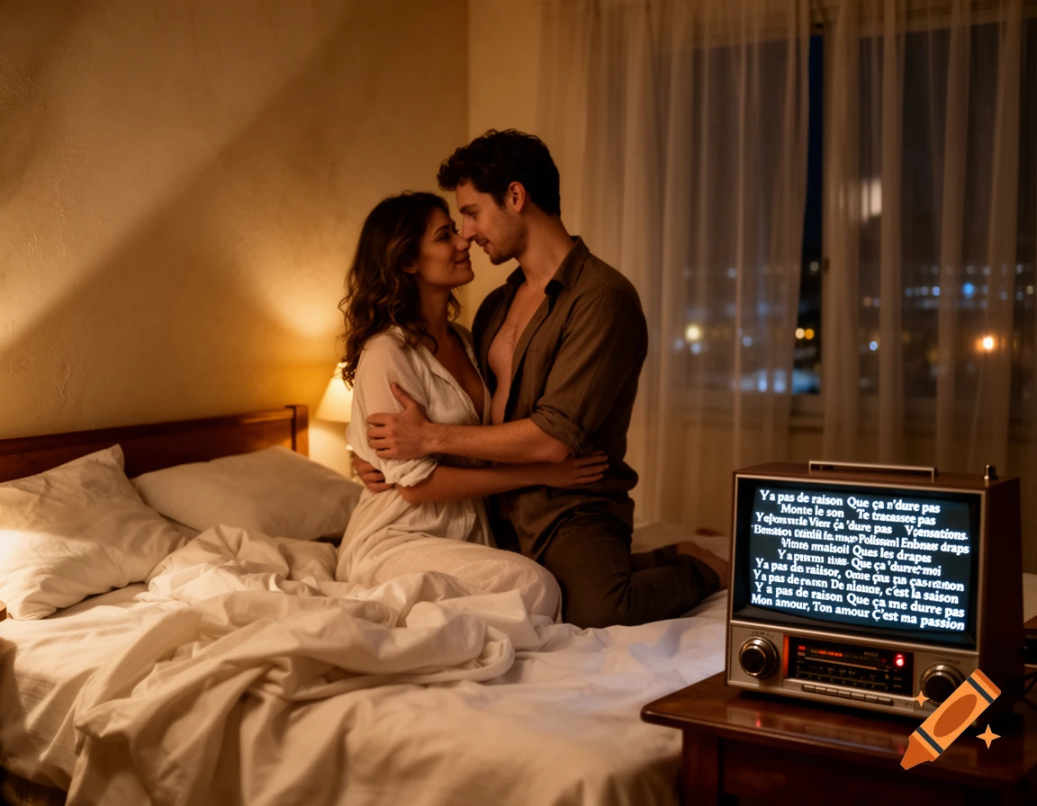 A romantic couple sitting on a bed in a warmly lit bedroom, embracing while looking at a glowing retro television displaying text.