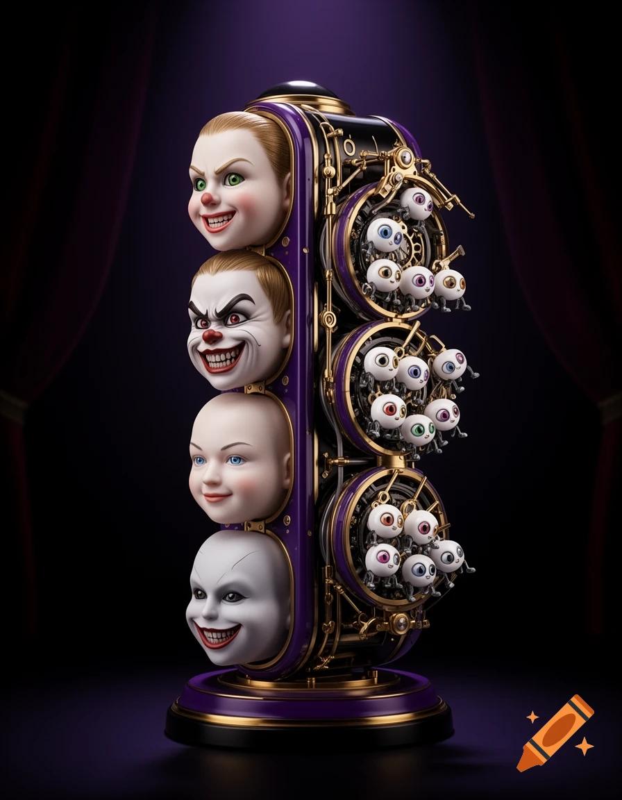 A mechanical vertical toy structure featuring multiple child-like faces and swarms of small mechanical eyes, in purple and gold tones.
