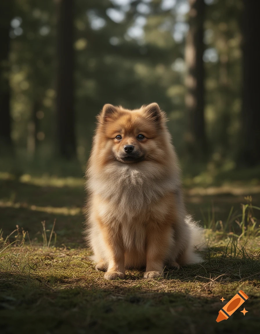 Photorealistic image of a fluffy Pomeranian dog sitting on forest ground among trees.