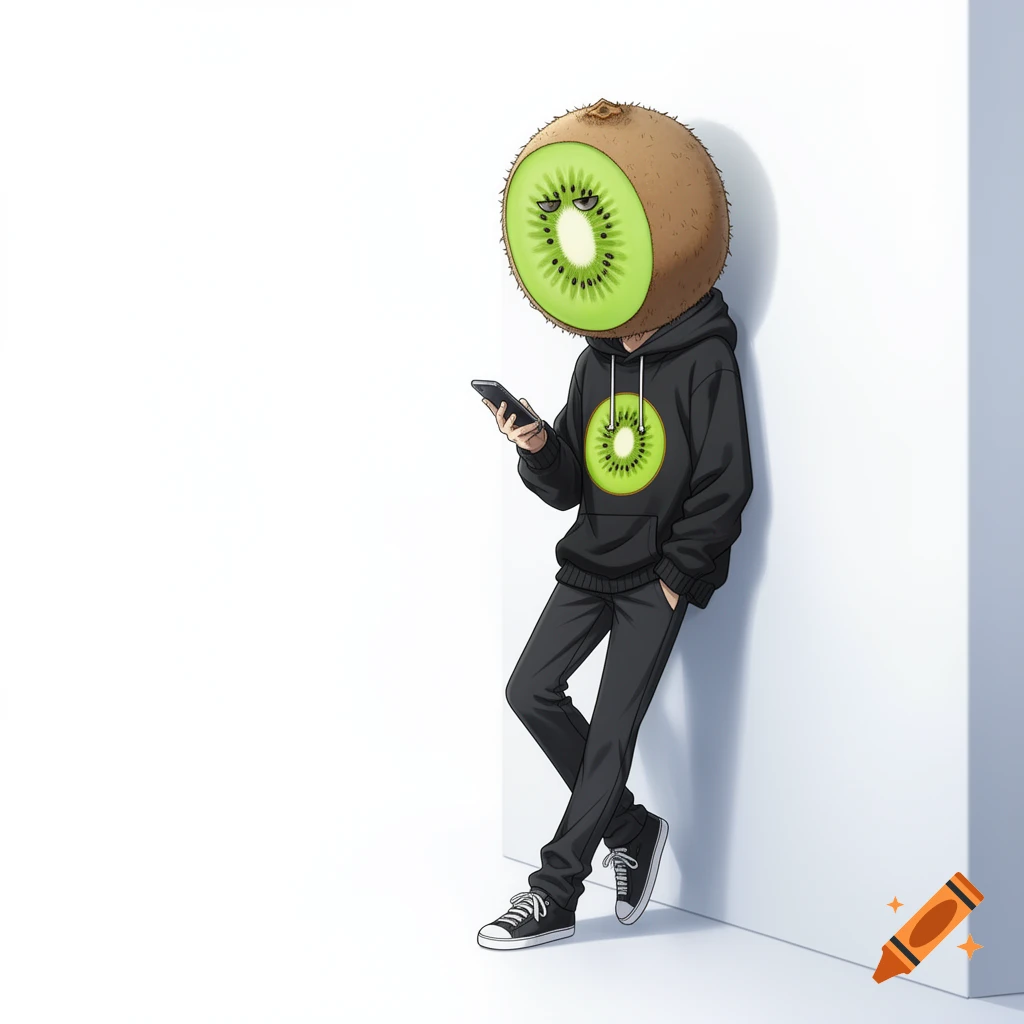Anime style illustration of a person with a kiwi fruit for a head, wearing a black hoodie and looking at a smartphone, leaning against a white wall.
