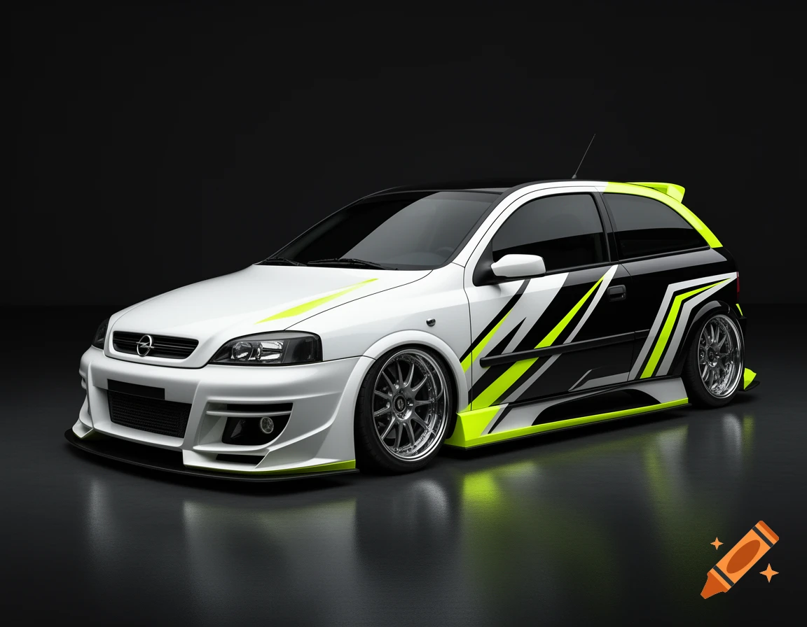 Modified white and black hatchback car with neon yellow accents and custom chrome wheels, parked in a dark studio setting.