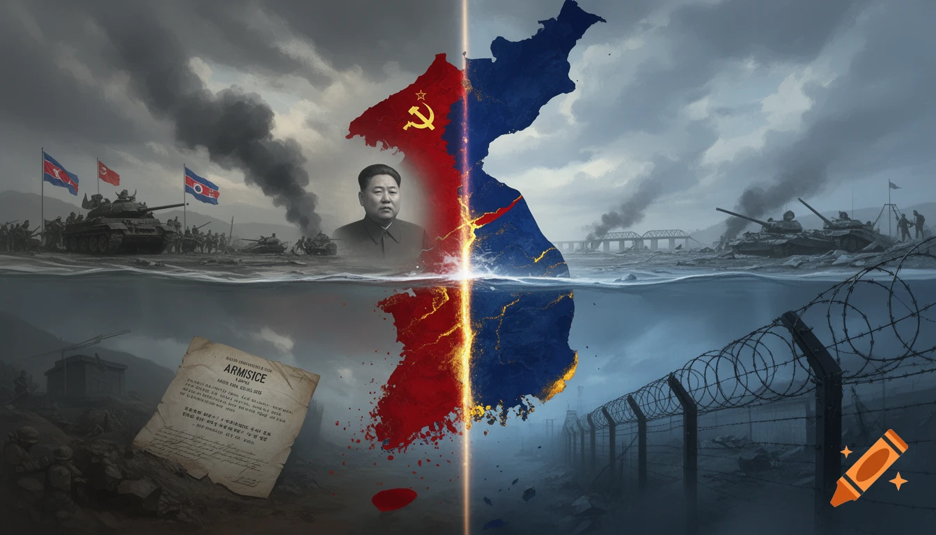 Split historical illustration of the Korean Peninsula with North and South Korea flags, tanks, Kim Il-sung portrait, and an armistice document.
