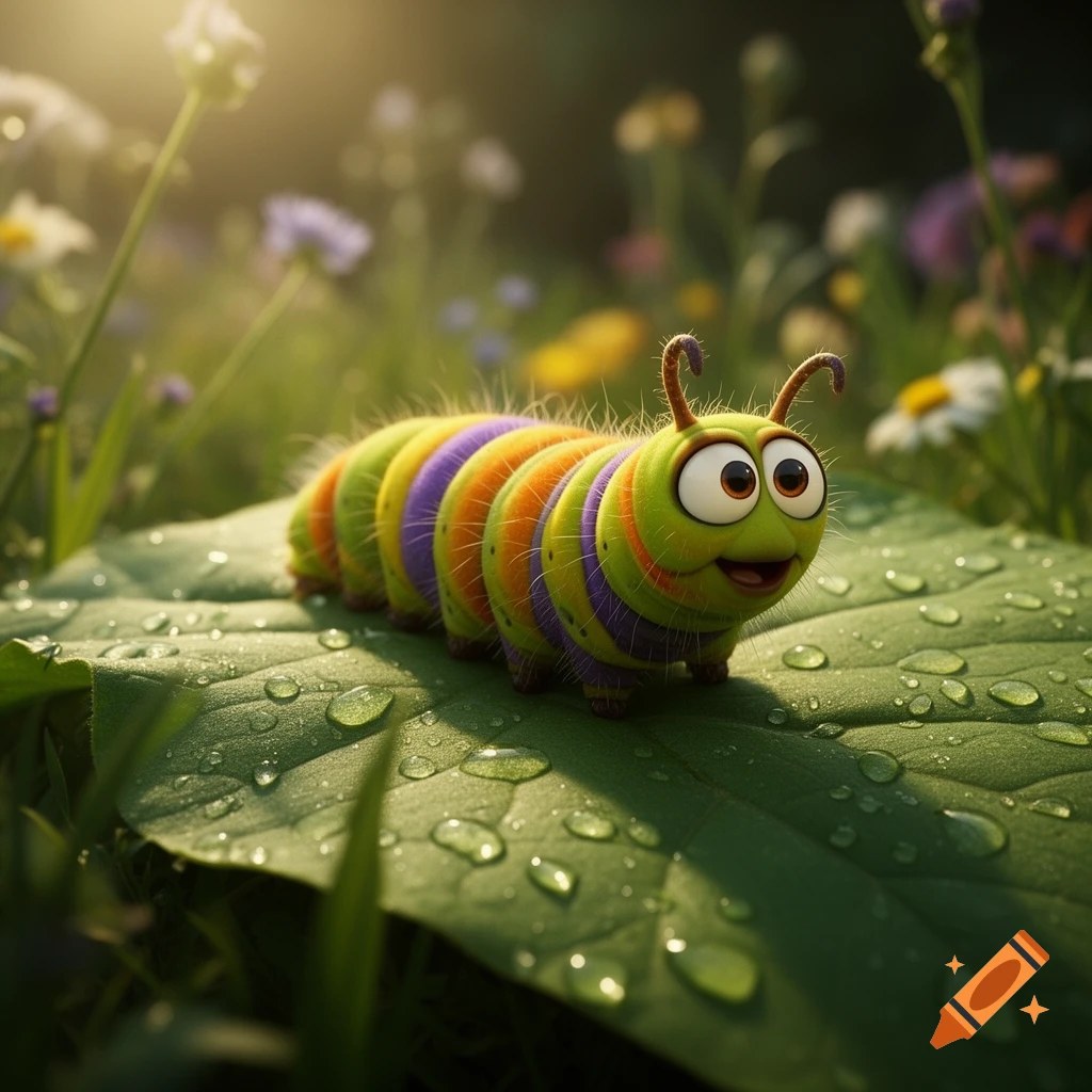 Close-up of a colorful, segmented caterpillar with big eyes resting on a dewy leaf in a sunny garden.
