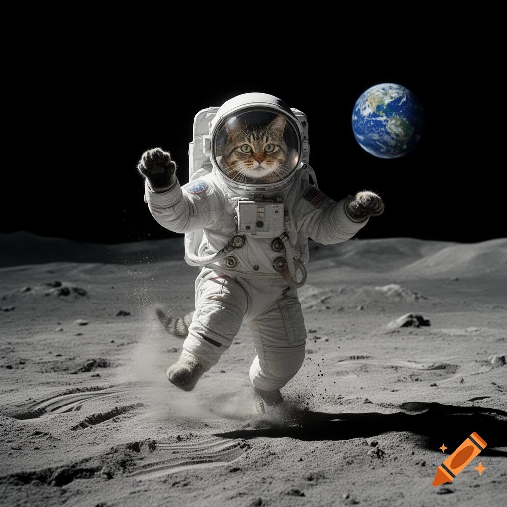Photorealistic image of a tabby cat wearing a spacesuit and dancing on the moon's surface, with Earth in the dark background.