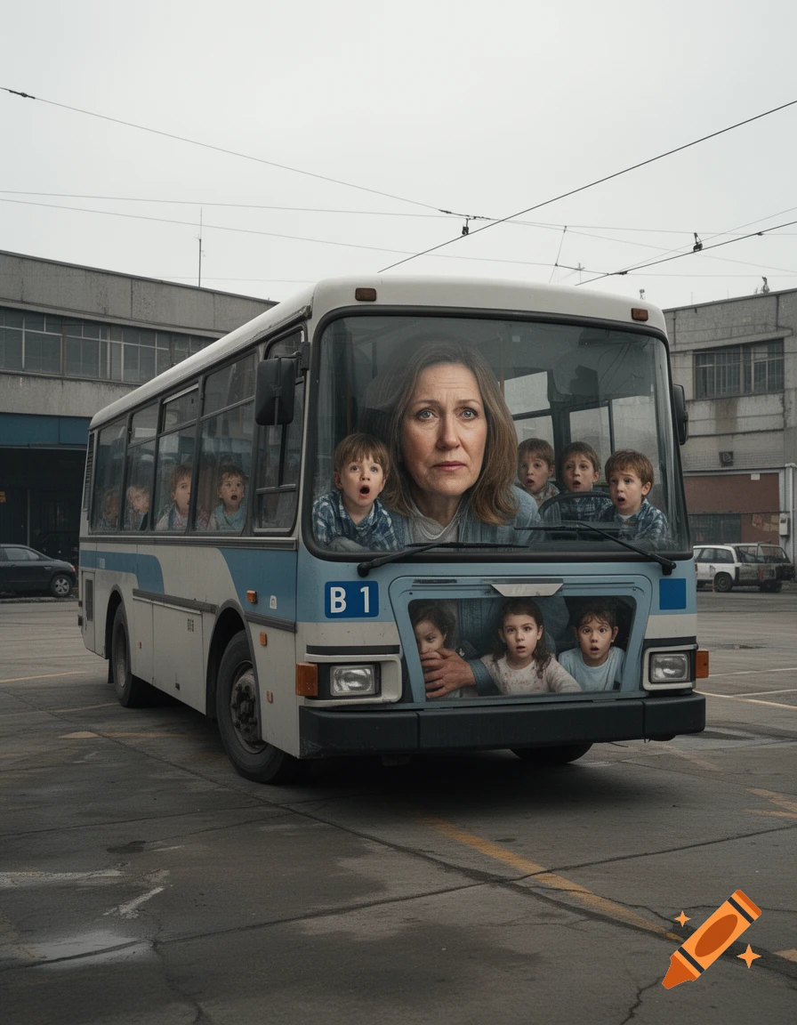 Surreal photorealistic image of a large woman's face integrated into the front windshield of a bus, with children looking out the windows.
