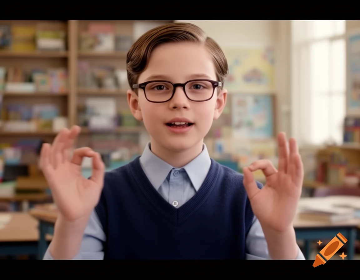 Young Sheldon wearing glasses and a sweater vest in a classroom, making a hand gesture.