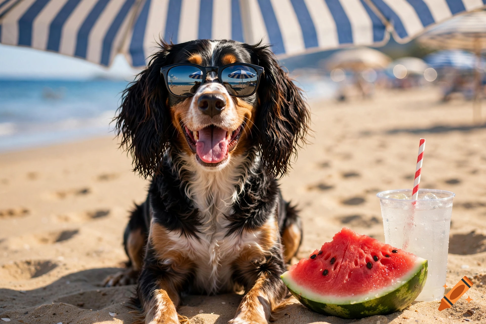 Photorealistic image of a black and tan brittany spaniel wearing sunglasses, lying on a sandy beach with a slice of watermelon and a cool drink.