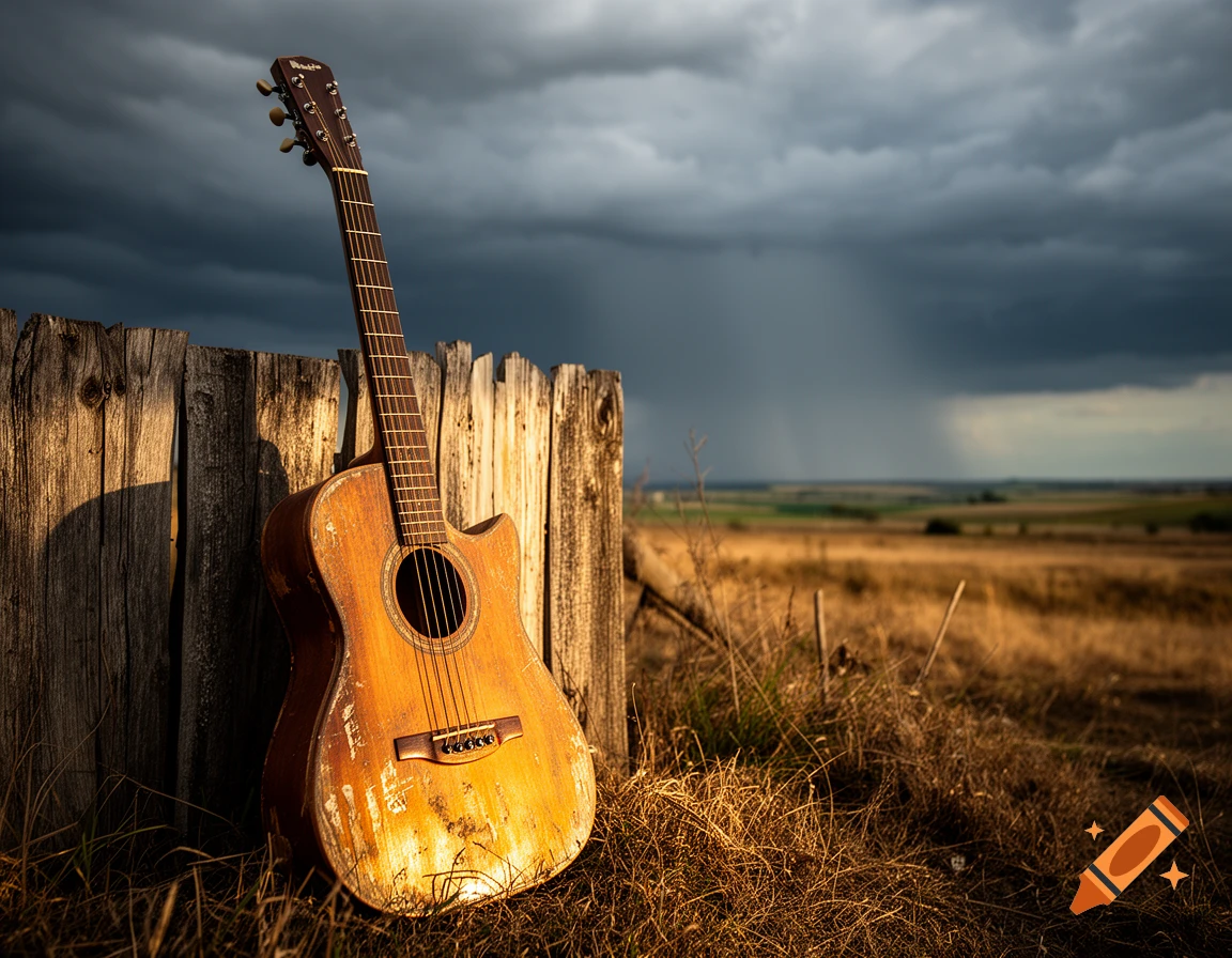 An old, worn acoustic guitar leaning against a rustic wooden fence in a field under a dramatic stormy sky, photorealistic.