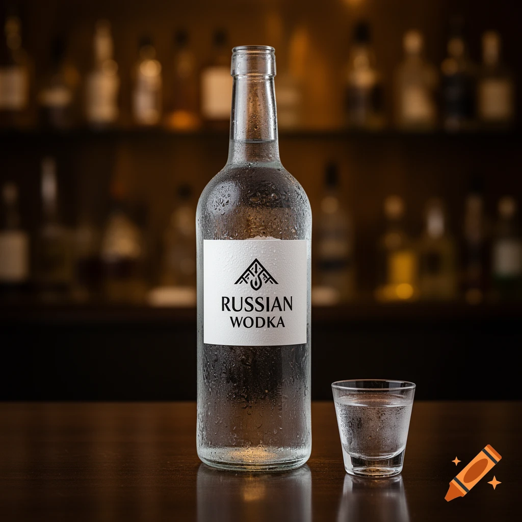 Photorealistic image of a glass bottle of Russian vodka with condensation and a shot glass on a wooden bar against a blurred bar background.