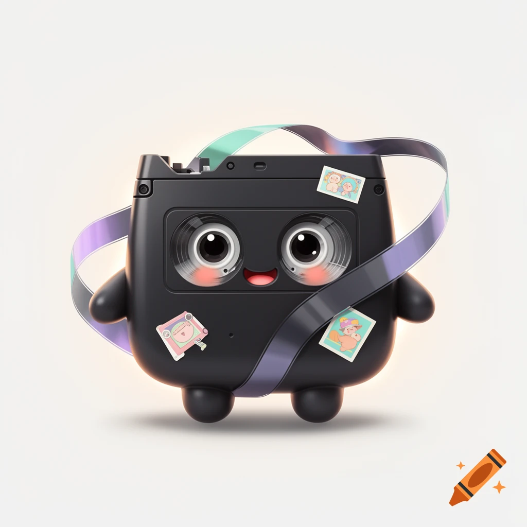 3D render of a cute black VHS tape monster with big eyes and a ribbon, on a white background.