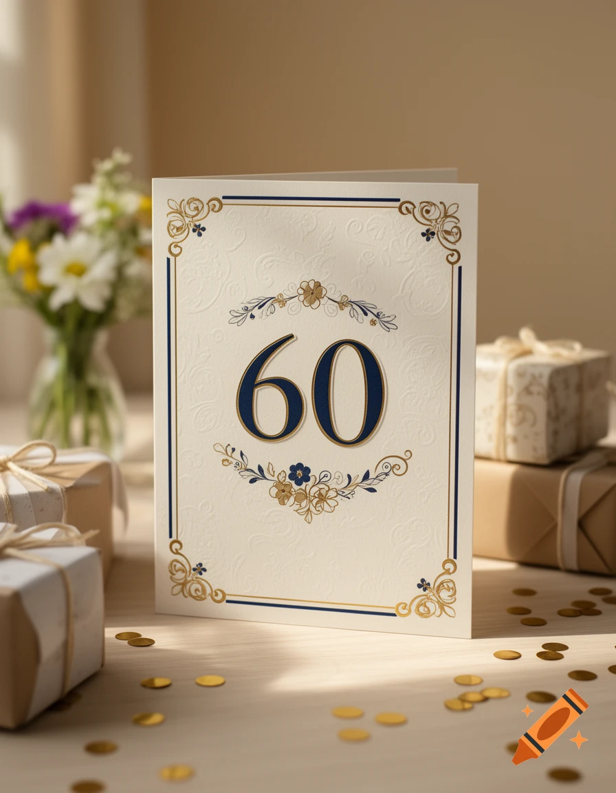Photorealistic image of an elegant cream-colored 60th birthday greeting card with gold and navy blue accents, surrounded by gift boxes, flowers, and confetti.