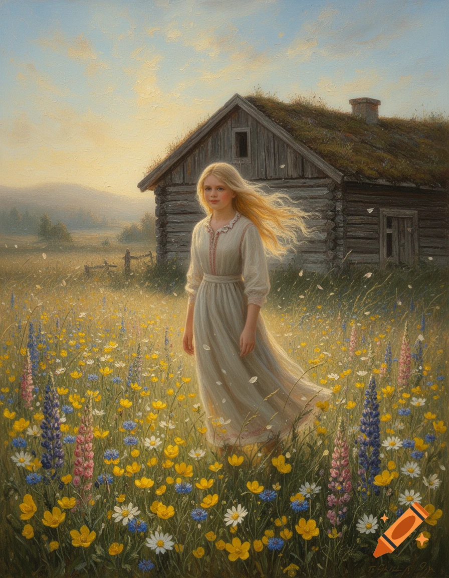 National romantic oil painting of a Nordic country girl with long blonde hair in a blooming wildflower meadow near a wooden farmhouse.