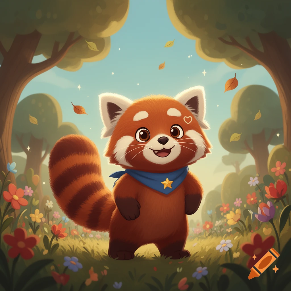 A cute cartoon red panda with a heart marking on its forehead, wearing a blue bandana in a sunny forest clearing.