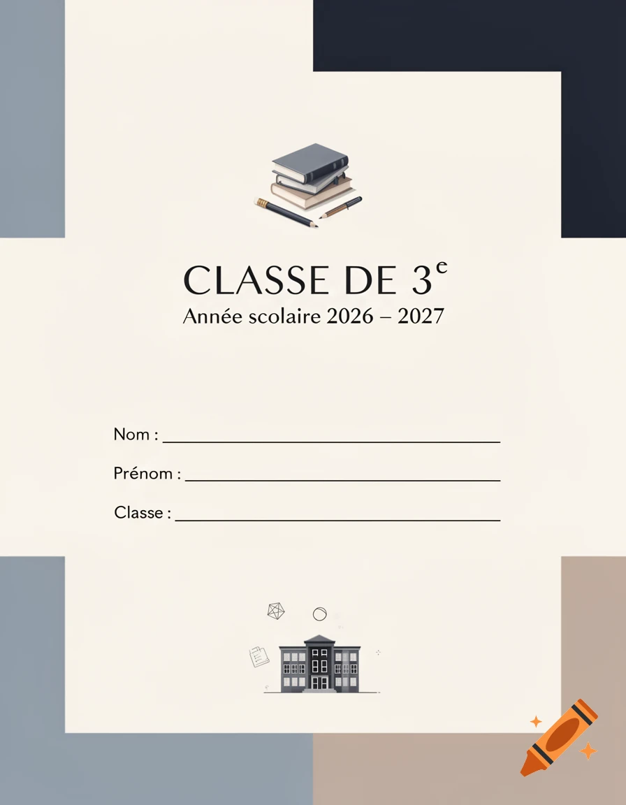 Minimalist school cover page with books, pencil, and the text 'CLASSE DE 3e' and 'Année scolaire 2026 – 2027'.