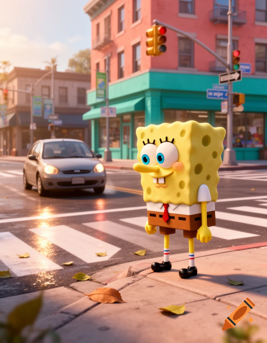 SpongeBob SquarePants standing on a city sidewalk near a crosswalk, waiting for a car, 3D animated style.