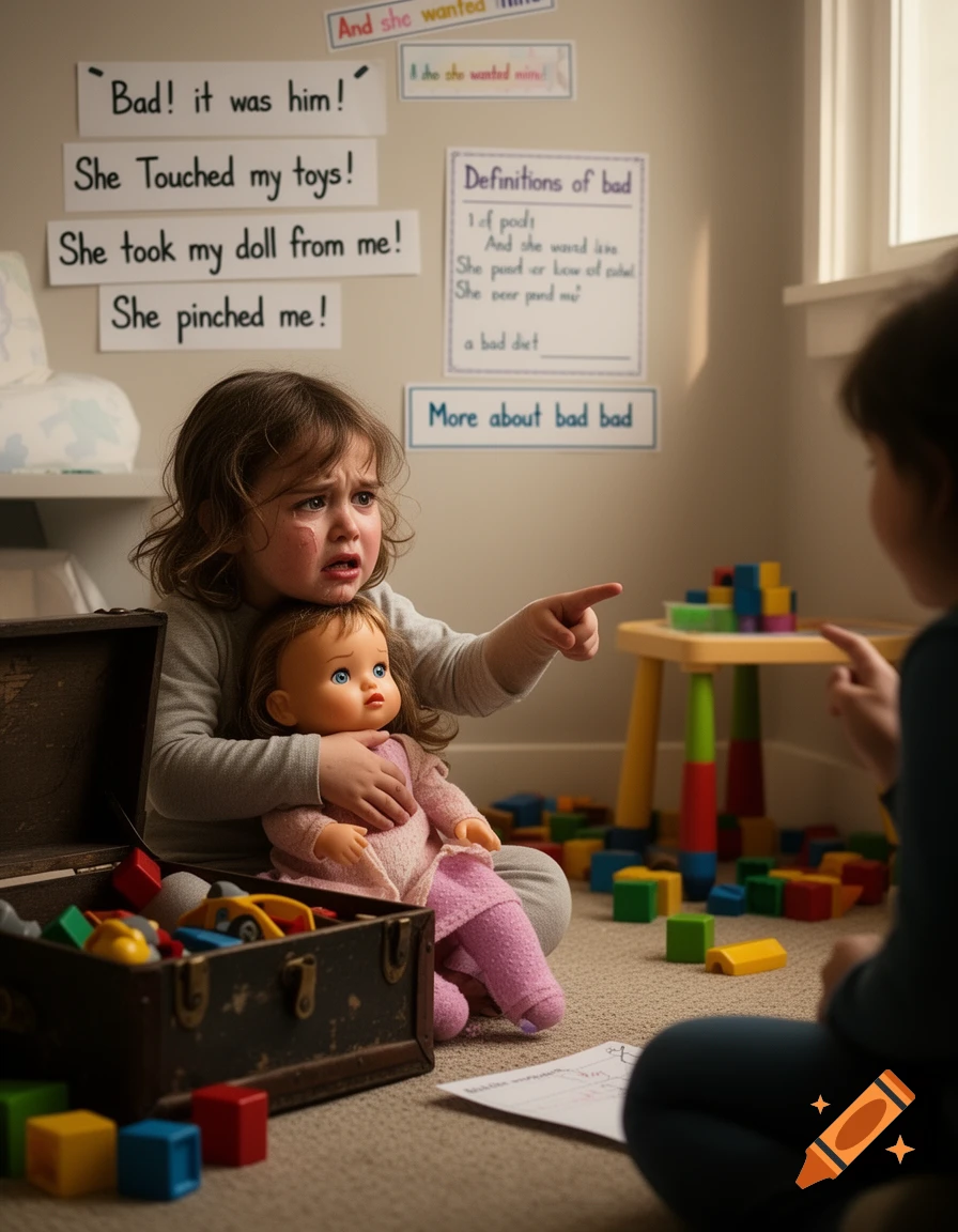 A photorealistic image of a crying toddler holding a doll and pointing at someone off-camera, with text on the wall.