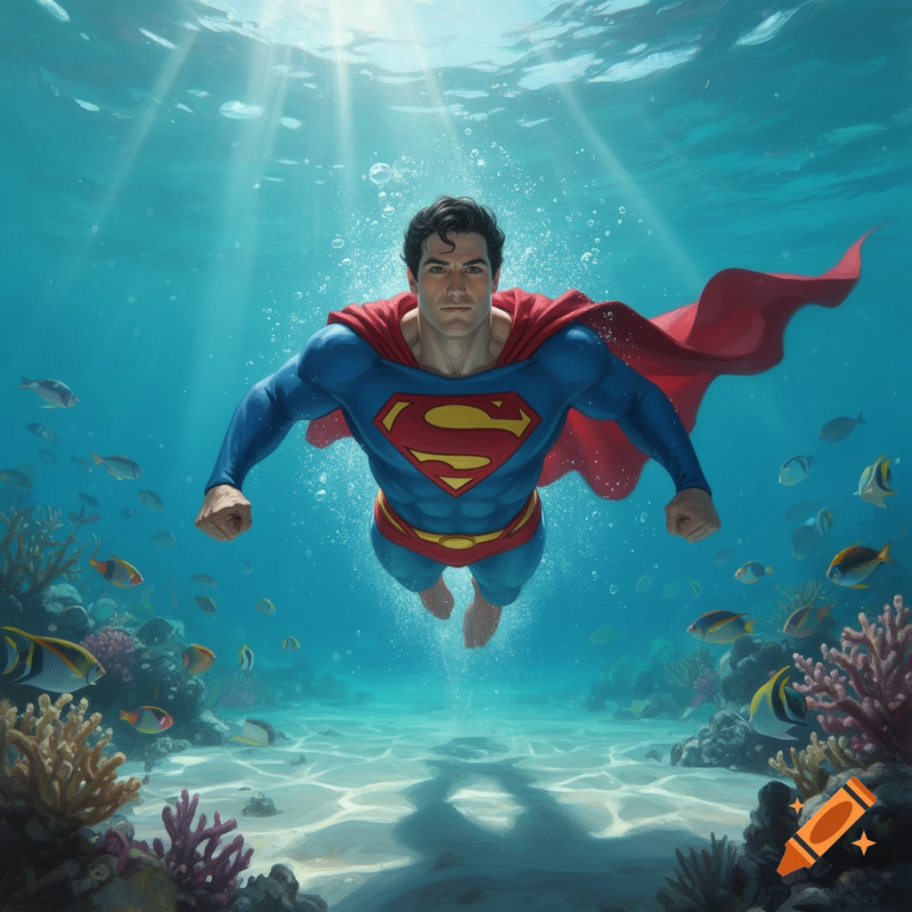 Superman swimming underwater in a clear blue ocean surrounded by colorful coral reefs and fish.