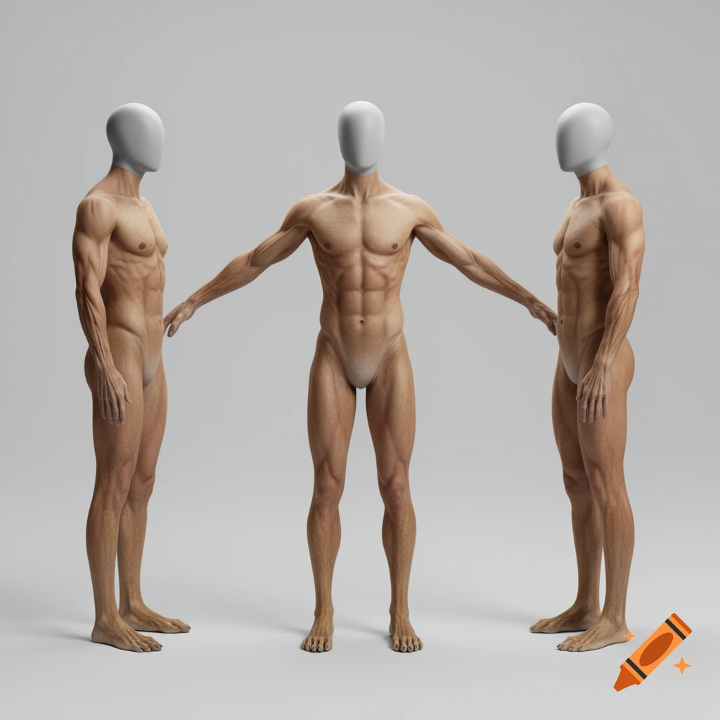 3D render of three faceless, muscular humanoid figures in different standing poses against a plain gray background.