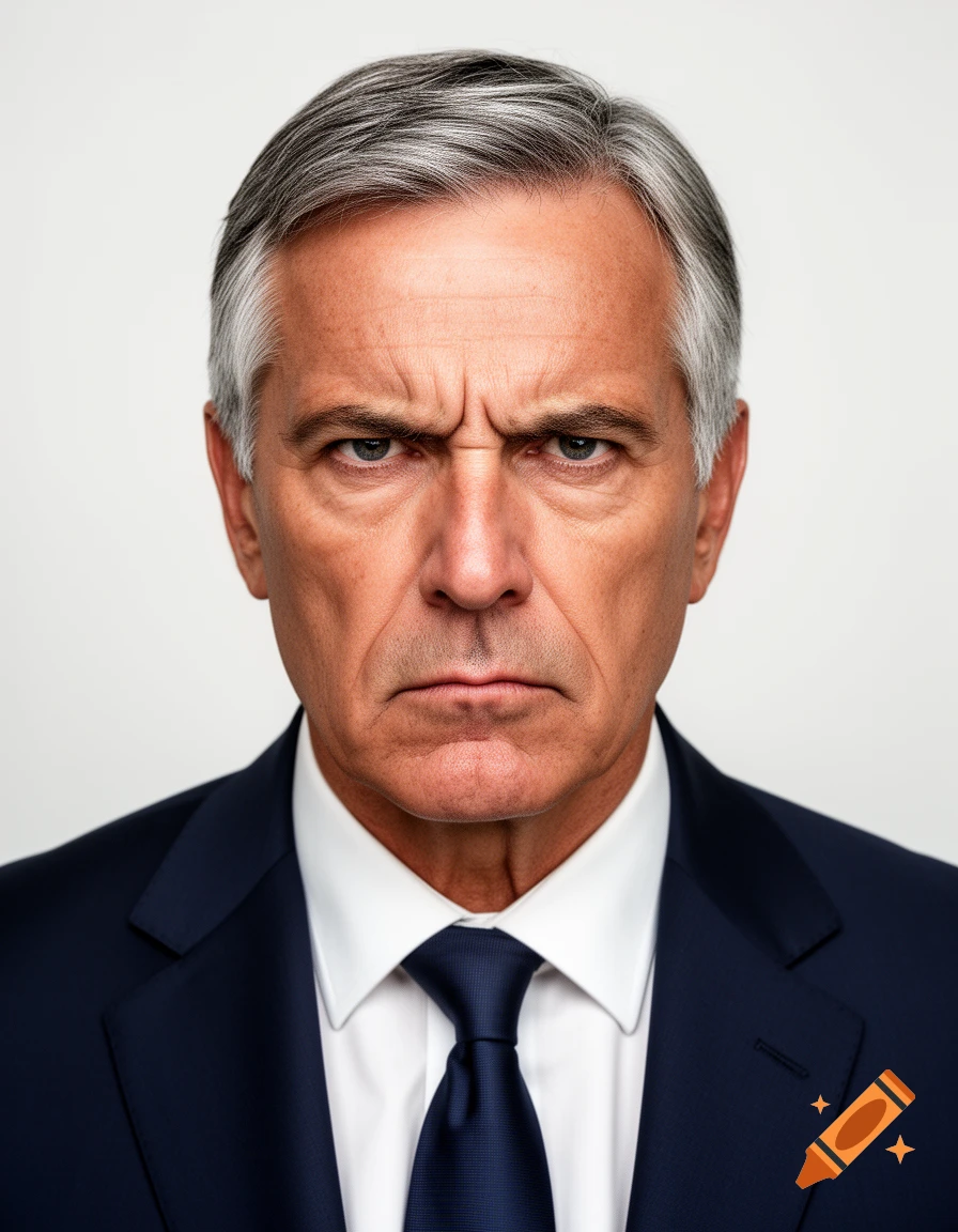 Photorealistic portrait of a serious 55-year-old American businessman with graying hair, wearing a dark suit and blue tie.