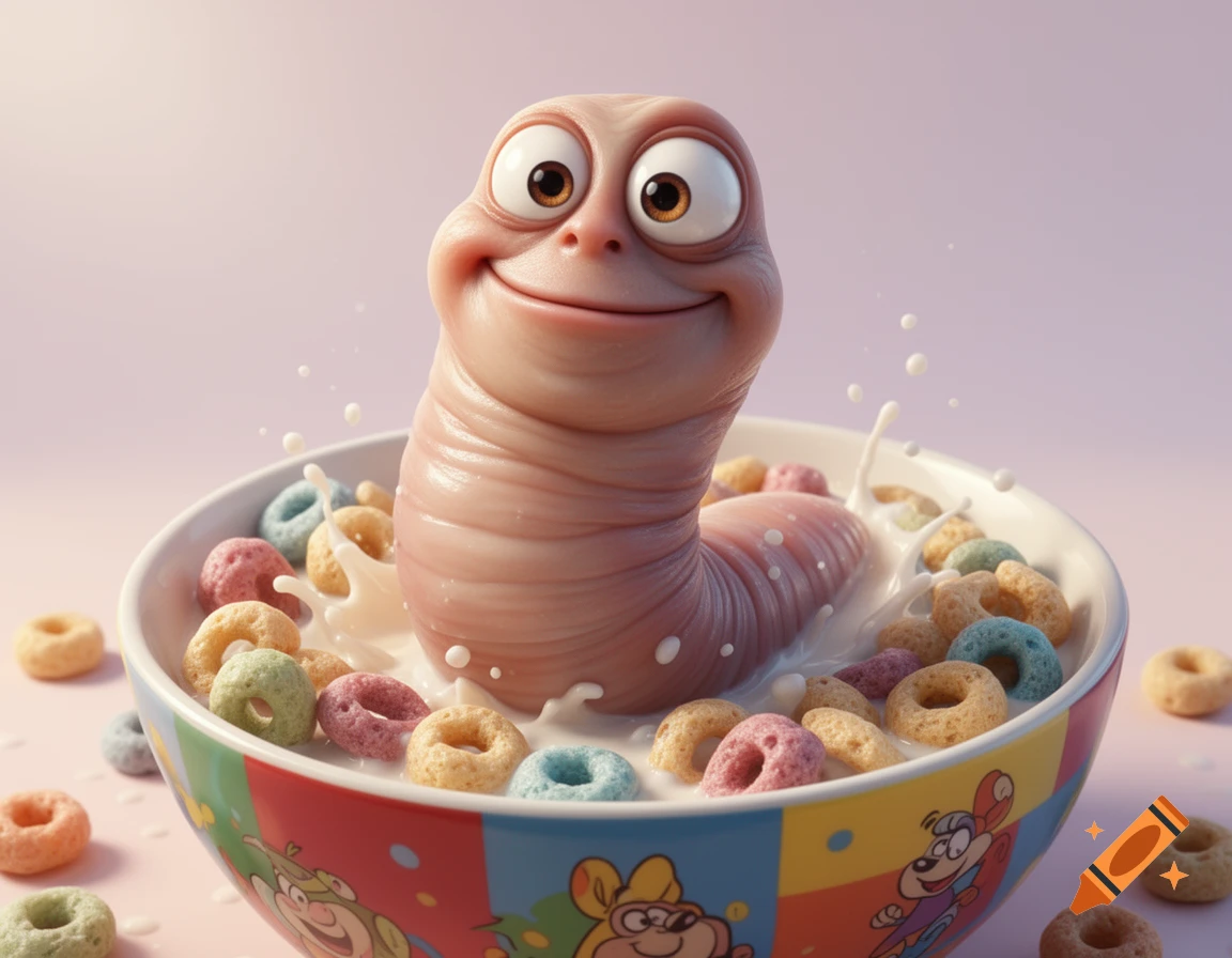 3D render of a cute, chubby cartoon worm with big eyes emerging from a bowl of colorful cereal and milk.