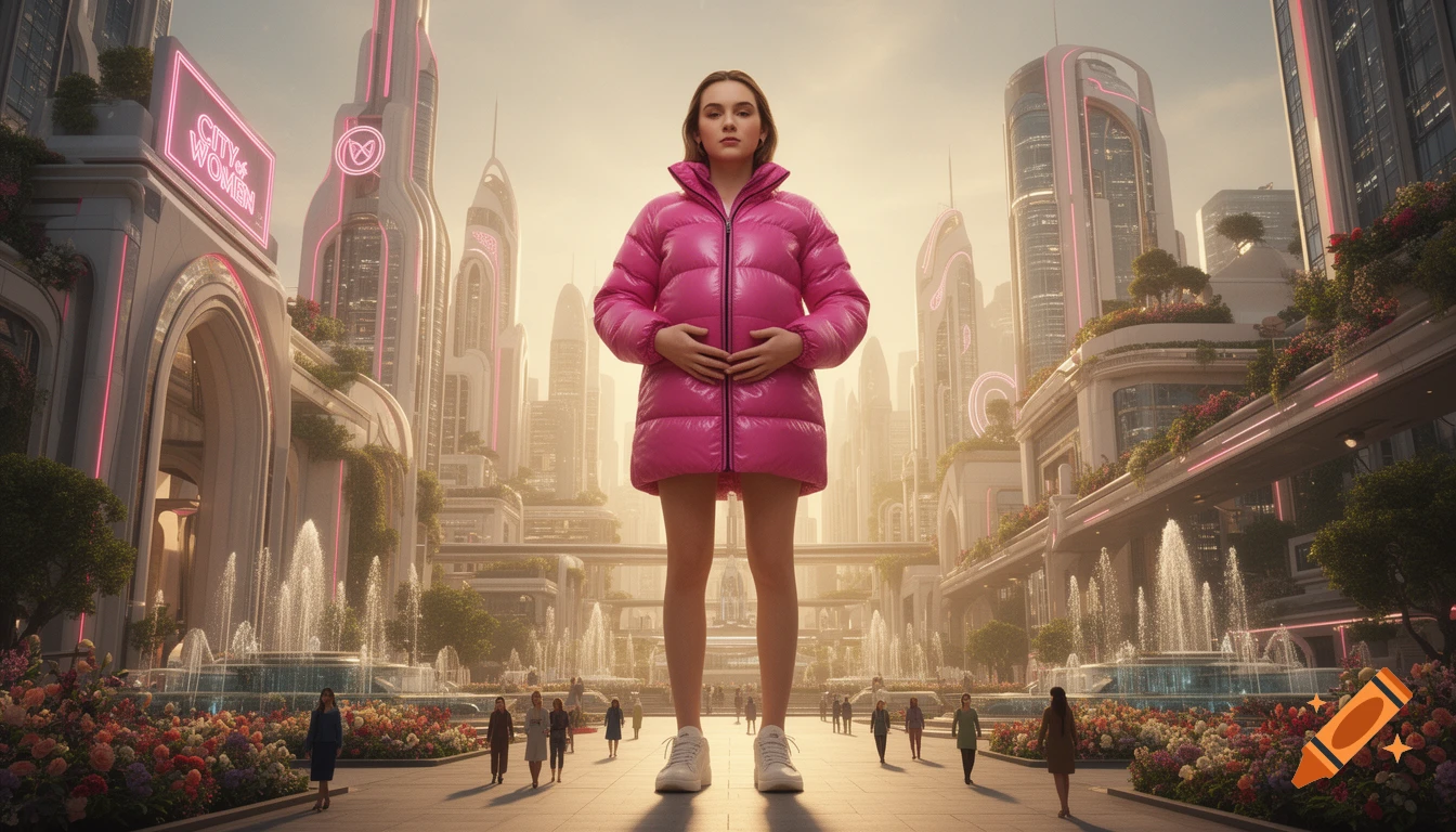 Photorealistic cinematic scene of a colossal young woman in a pink puffer jacket standing in a futuristic city plaza.