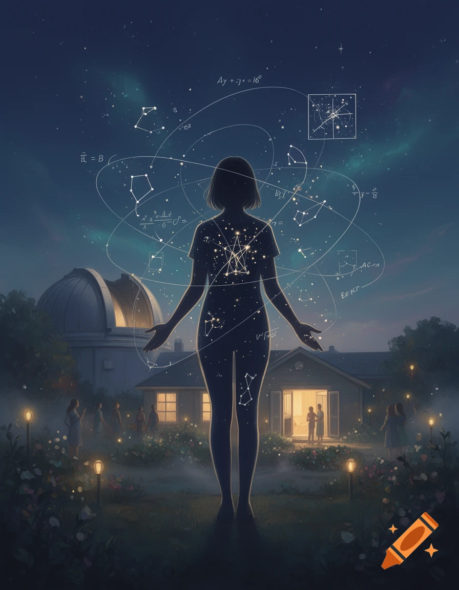 Digital illustration of a human silhouette filled with stars and constellations, surrounded by scientific equations and an observatory at night.