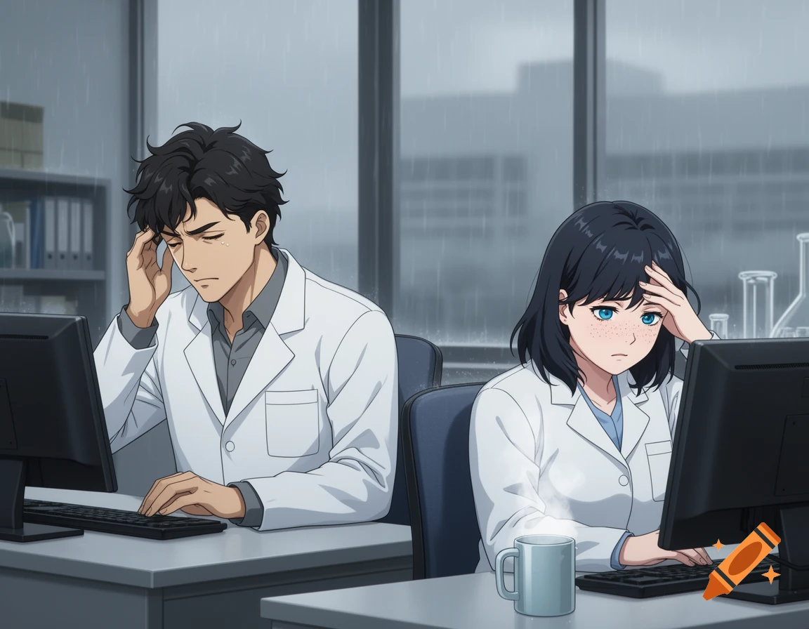 Anime style illustration of a man and a woman in lab coats sitting at computers in an office, rubbing their temples in pain.