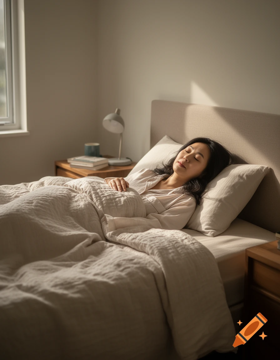 Photorealistic image of a woman sleeping peacefully in bed with light coming from a window.