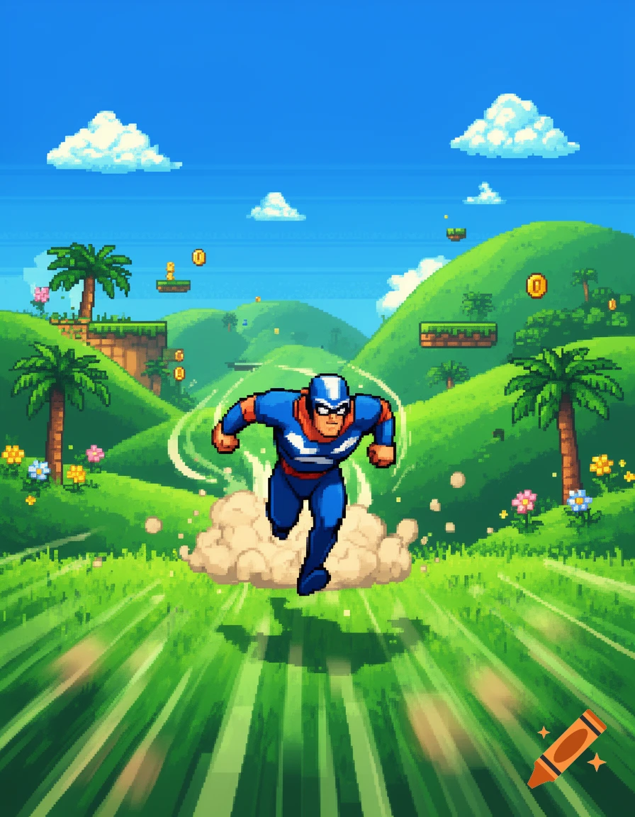 An 8-bit style pixel art superhero running fast through green hills with palm trees and coins under a blue sky.