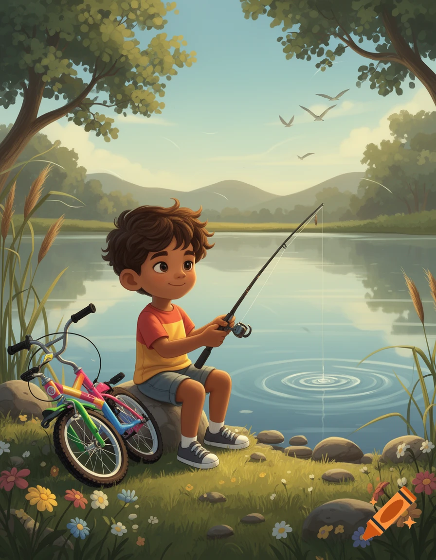 Digital illustration of a young Hispanic boy sitting by a calm lake, fishing with a bicycle parked nearby on the grassy shore.