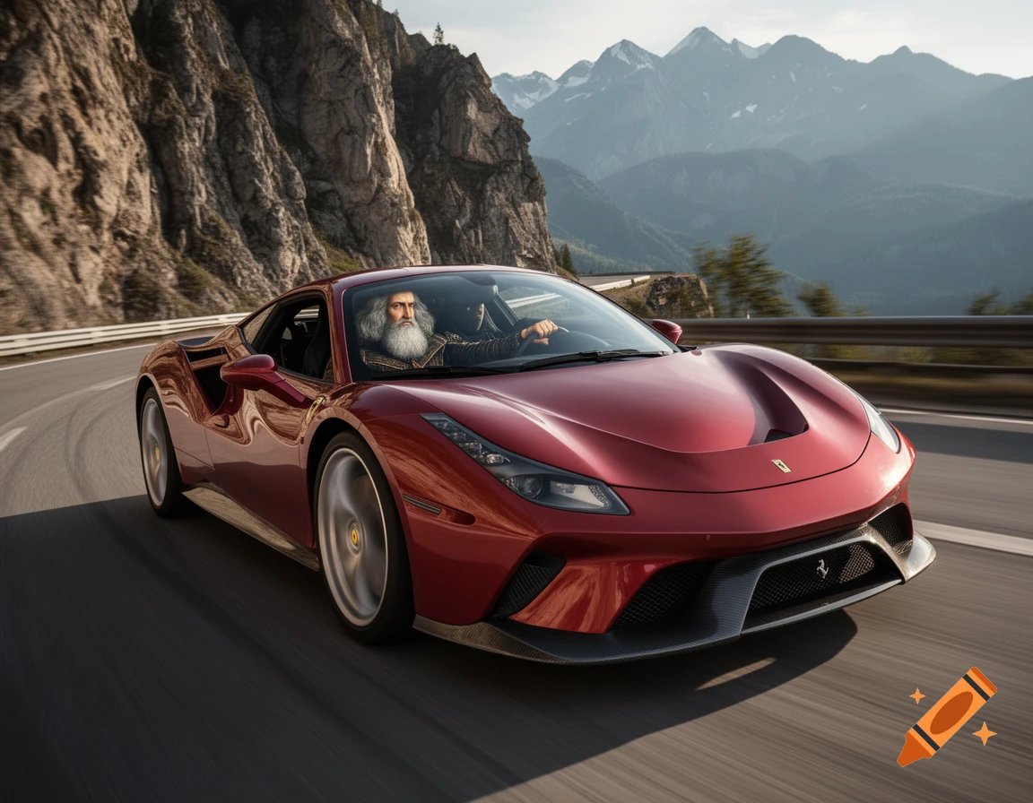 Photorealistic image of Leonardo DaVinci driving a red sports car on a winding mountain road with rocky cliffs and snow-capped peaks in the background.