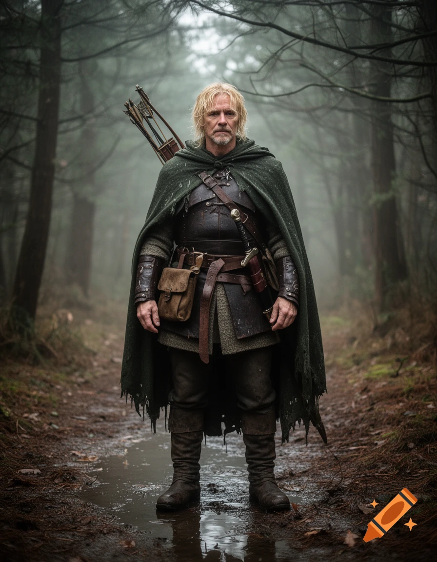 Photorealistic portrait of a middle-aged male ranger in a green cloak with a bow on his back standing in a foggy forest.