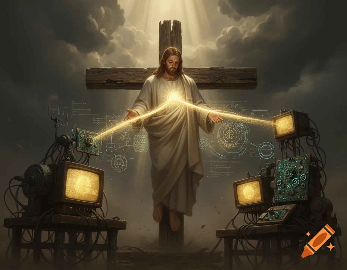 Jesus on a wooden cross connected to glowing old computer monitors and circuit boards in a primitive sci-fi system.