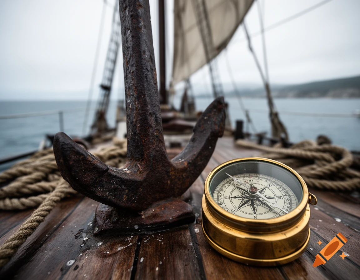 Close-up photorealistic shot of a brass compass resting on a wooden deck next to a rusty metal anchor on a sailboat.