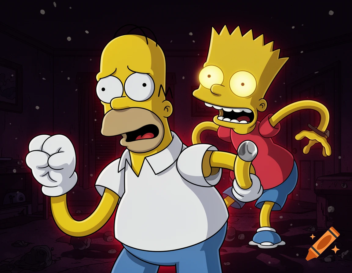Rubber hose style animation featuring a scared Homer Simpson and a glowing, creepy Bart Simpson in a dark room.