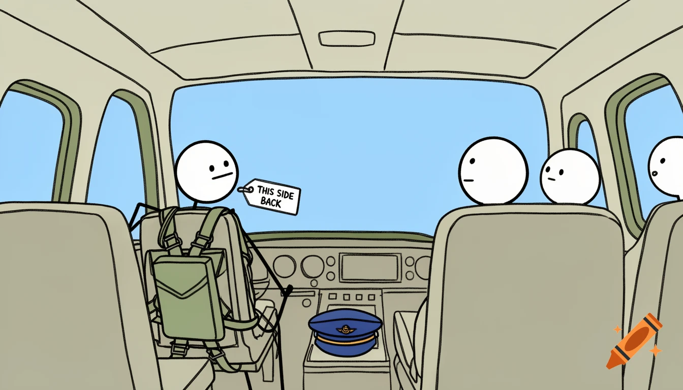 Minimalist hand-drawn stick figure wearing a parachute backwards inside an airplane cabin while passengers look on.