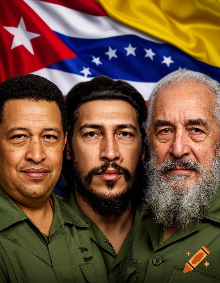 Photorealistic portrait of Hugo Chavez, Che Guevara, and Fidel Castro in green military shirts against a Cuban and Venezuelan flag background.